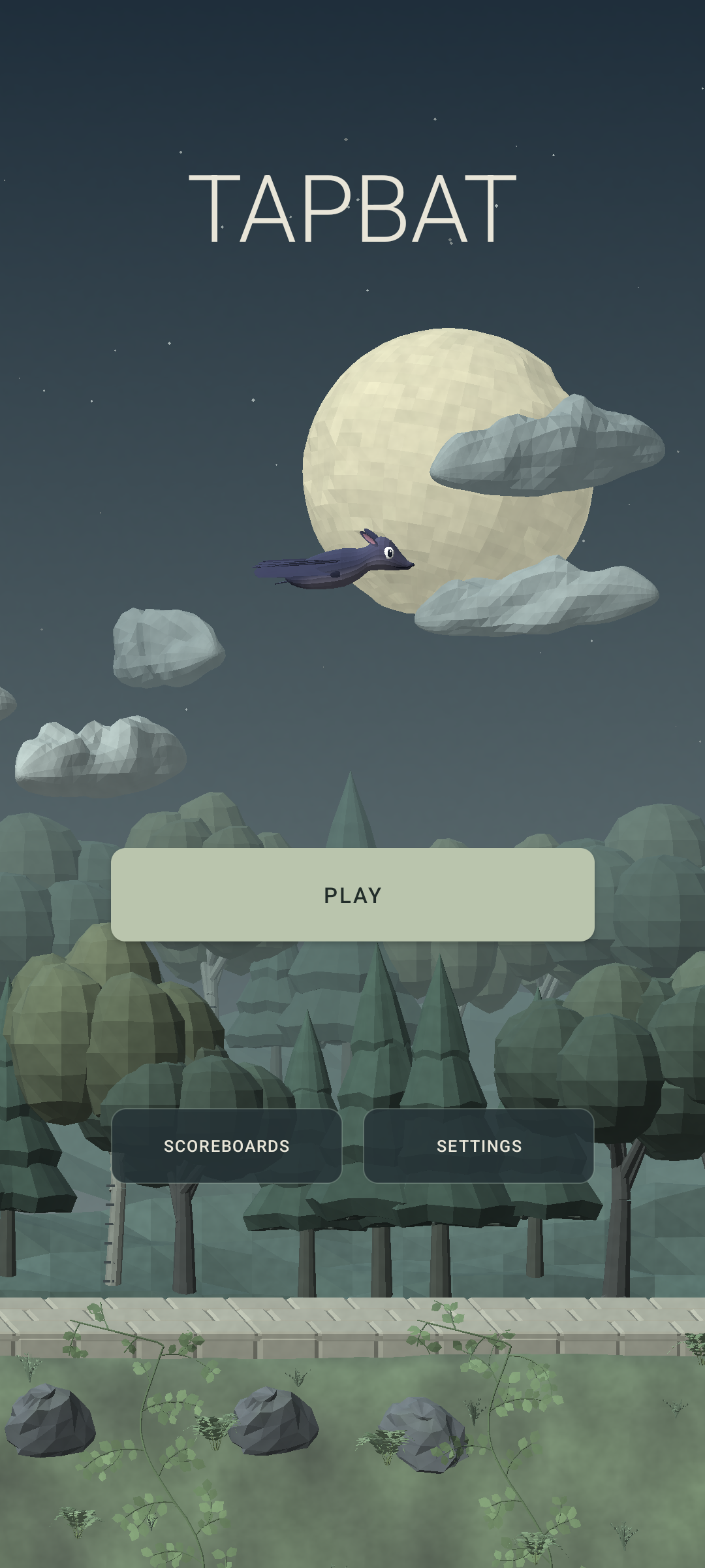 TapBat's home screen with the bat above layered forests and stonework, with rocks, ferns, and vines in the foreground.